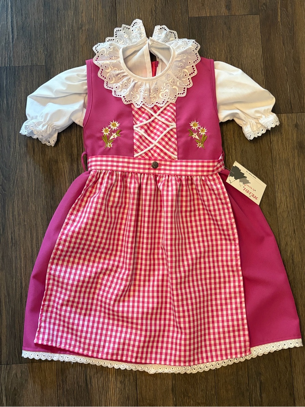 NWT Girls Pink Dirndl Dress Checkered Gingham Apron & Floral Embroidery Size 4/5
